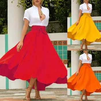 

Vintage Womens Skirts High Waist Bowed Pleated Candy Color Stretch Plain Skater Flared Pleated Long Skirt Autumn Streetwear