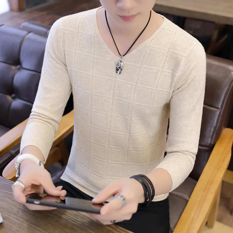 2020 New Sweater Male Korean Trend Of Solid Color Slim V-neck Sweaters Men Spring And Autumn Long Sleeves Knitted Jackets | Мужская