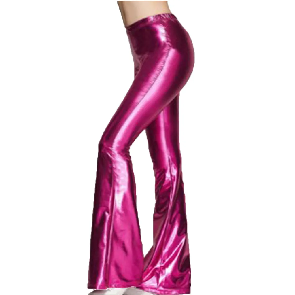 Purple Women's Fashion Shiny Metallic Flared Pants High Waisted bell-bottomed pants Disco Party optimal Christmas gift Hot - Color: Purple