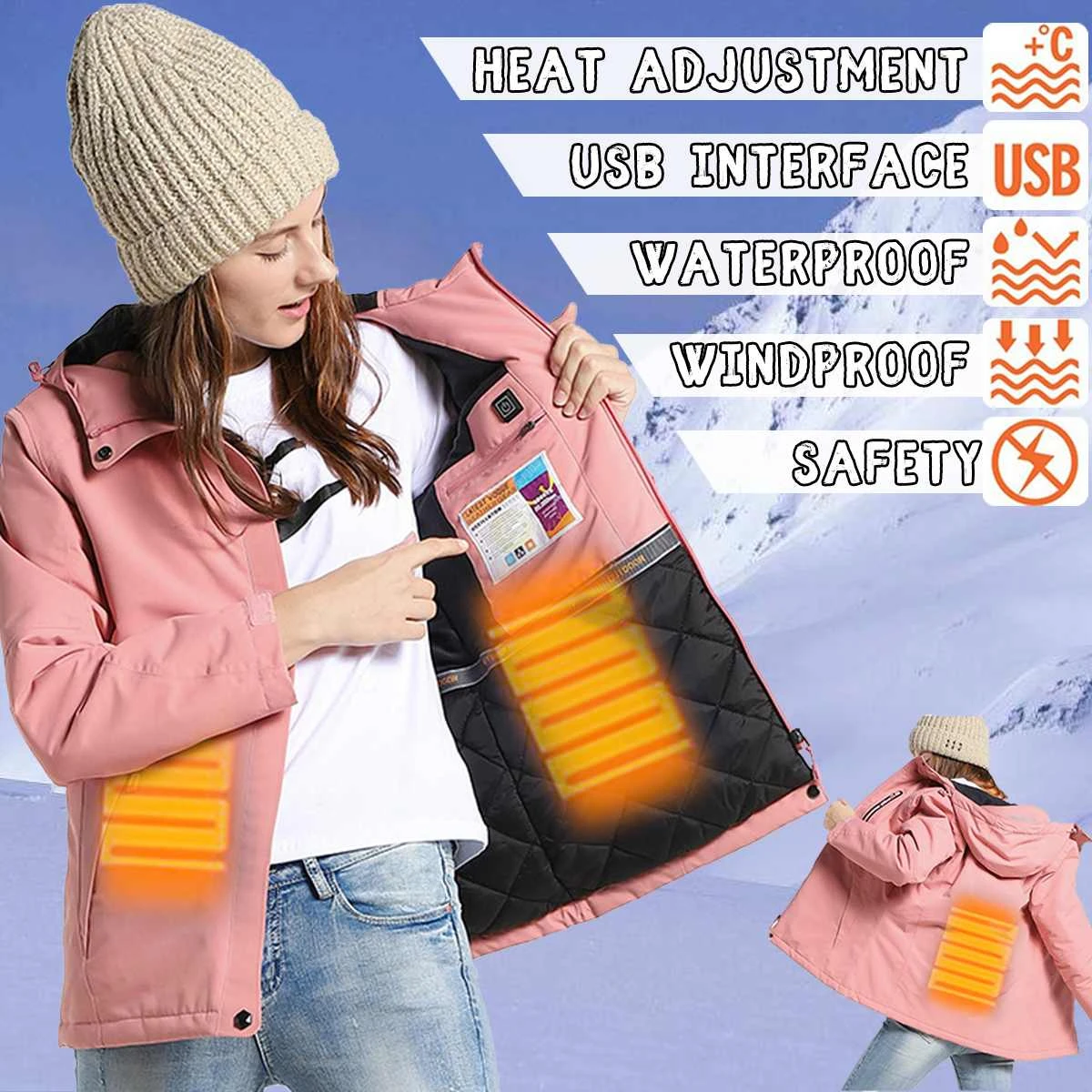 Зимняя женская куртка с USB подогревом, уличная Водонепроницаемая теплая походная куртка с капюшоном, плотное флисовое пальто, лыжная теплая ветровка для женщин