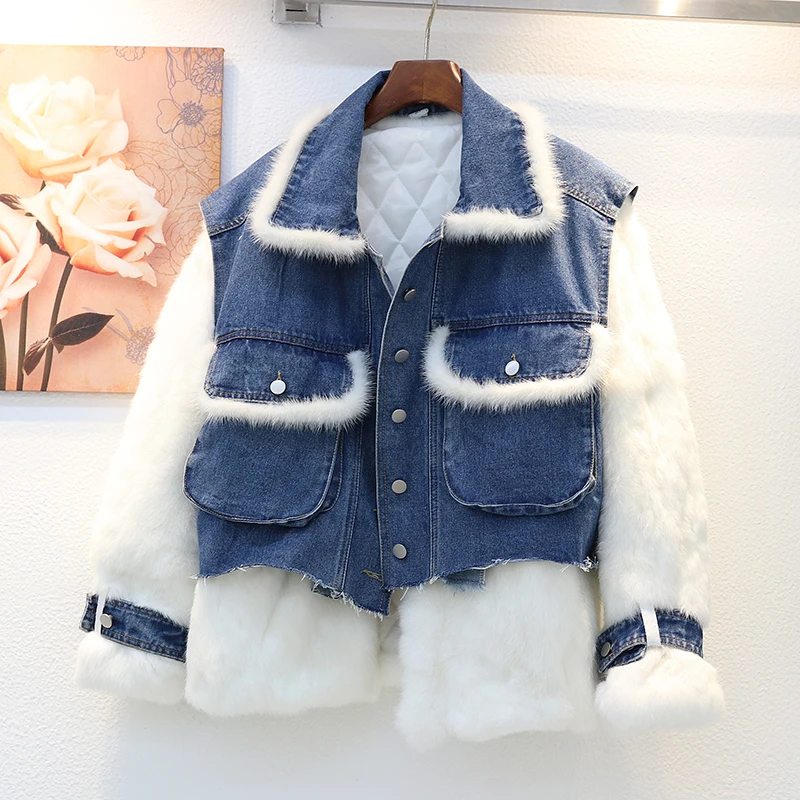 

Thick Warm Cotton Liner Denim Coat Women Short Outerwear Winter Fashion Loose Big Pocket Splicing Rabbit Fur Jeans Jacket Female