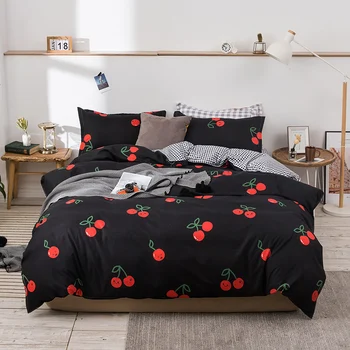 

reactive printing Black duvet cover with cherry Simple Style bedding Set Quilt Cover Flat Sheet Pillow Cases set