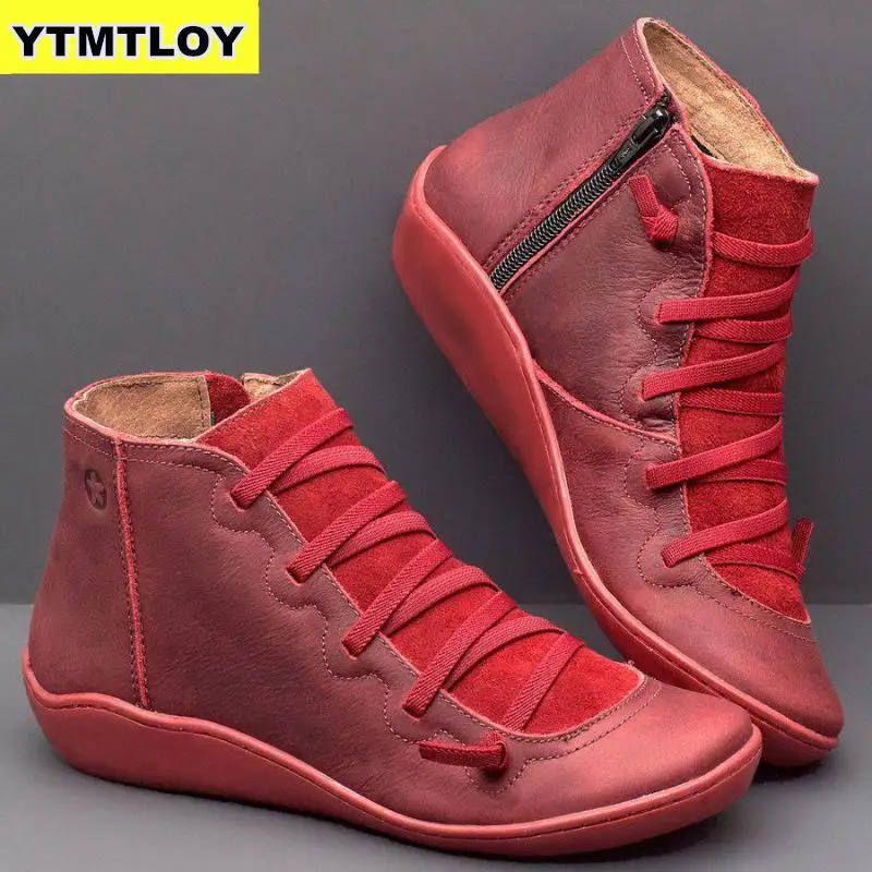 Женские ботильоны из искусственной кожи; женские Винтажные ботинки в стиле панк с перекрестными ремешками; сезон осень-зима; женская обувь на плоской подошве; botas mujer - Цвет: Red
