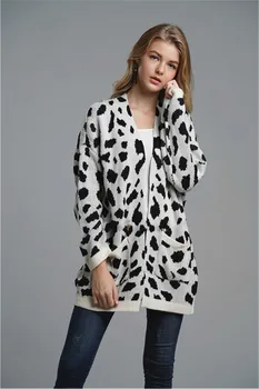 

2019 Long Leopard Print OL Commute Knitting Cardigan Sweater Woman Loose Coat