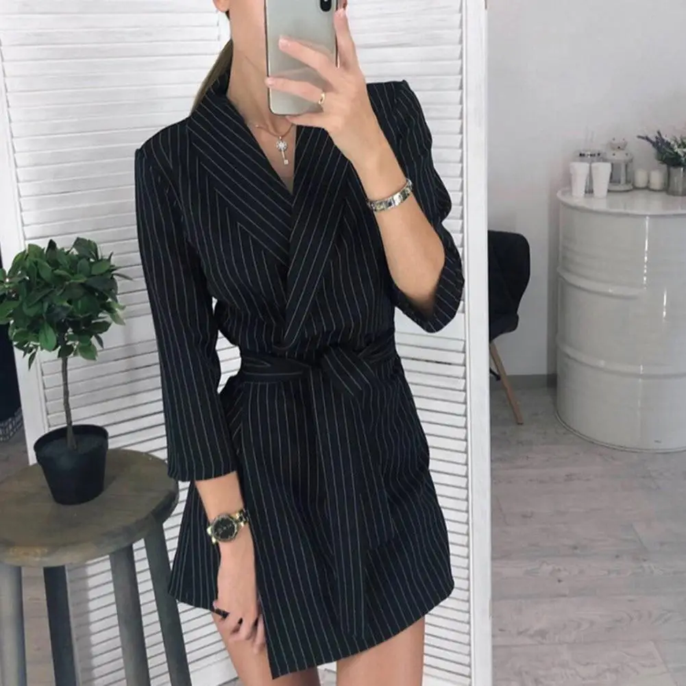 Women Coat Autumn Spring Solid Color Turn Down Collar Long Sleeve Waist Belt Mini Dress Lapel Collar Long Sleeve Waist Belt Coat 2