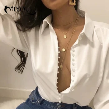 

Miyouj Solid Office Lady Shirts 2020 Fashionable Clothes Single Pearl Breasted Top Vintage Casual Turn-Down Collar Woman Blouses