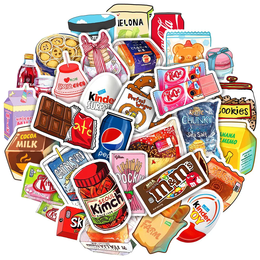 10/30/50Pcs Food Drink Milk Packaging Stickers Waterproof Phone Bike Wall Motorcycle Cool Car Sticker for Kids Toys Wholesale