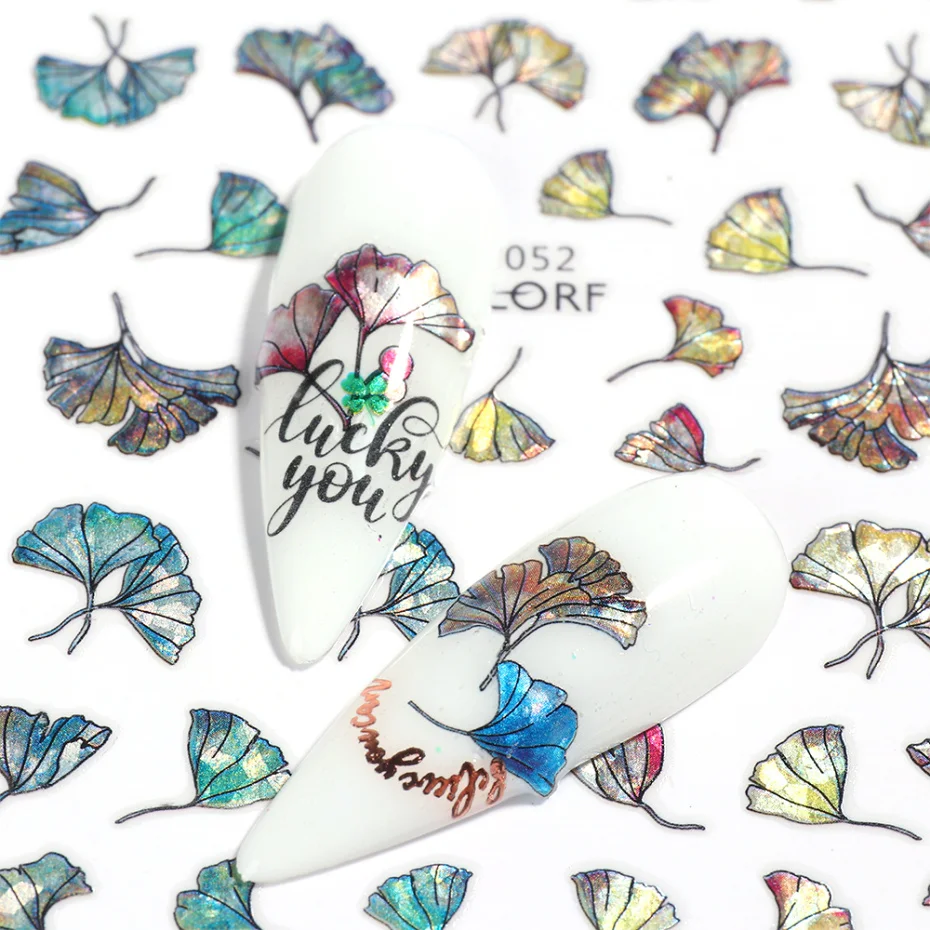 Laser 3D Nail Stickers Fan Leaf Flower Tiger Shiny Sliders Nail Art Decorations Lucky Clover Fashion Foil Manicure LACL037-052 nail stickers,nail art decoration,nail decals