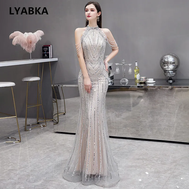 Многоцветный Vestido de festa Бисероплетение Русалка Вечерние платья длинное платье Новая мода высокая шея вечернее платье элегантное платье De Soiree - Цвет: Многоцветный