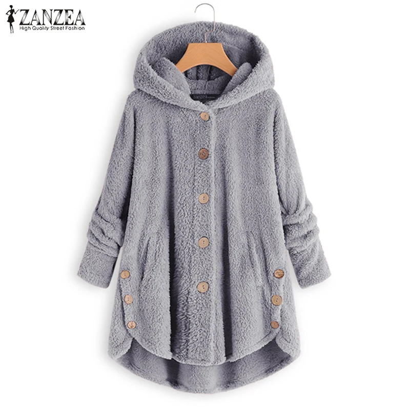 ZANZEA Модные женские пальто Зимние толстовки Плюшевые Пушистые куртки из искусственного меха однотонные пуговицы верхняя одежда с капюшоном флисовая толстовка 5XL