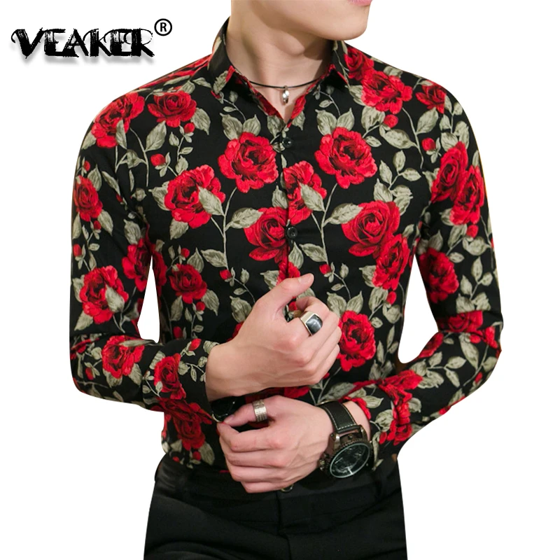 Camisas con estampado Floral en 3D para hombre, Tops casuales de manga  larga, moda de flores rosas, cuello vuelto, camisa ajustada, 3XL ropa Sexy