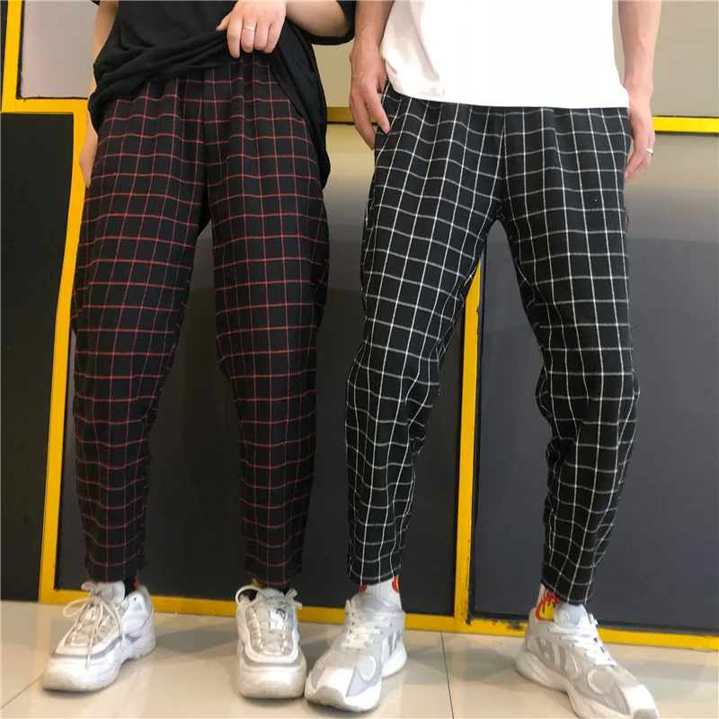 HOUZHOU Plaid Vintage Harajuku Pants Women Ankle Length Korean Checkered Trousers Loose High Waist Pants Joggers Streetwear