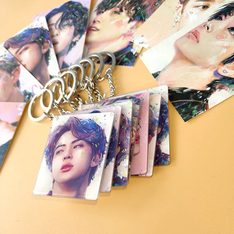 

Kpop Bangtan Boys Keychain Art Oil Painting Small Card Jimin Jin Suga Jhope Junkook V RM Key Chain Key Ring Pendant for Gifts