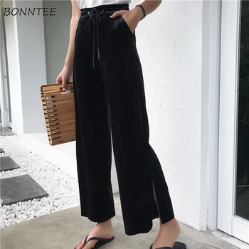 

Pants Women Simple Drawstring Trousers Korean Style High Waist Female Retro Solid Velour Womens Leisure Long Students Pockets