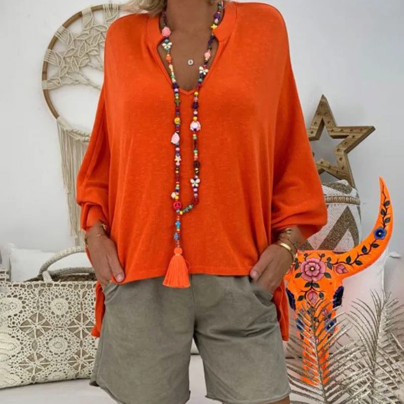 

Plus Size M~3XL Women's Loose Solid Tops V Neck Long Sleeve Blouse Summer Casual Shirt Boho Tee Blusas Mujer De Moda 2019