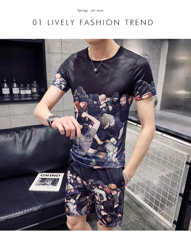 Повседневная футболка+ шорты tweddelige mannen Sportkleding Set mannen Комплект футболок с принтом Persoonlijkheid Mannen's футболка Kleding