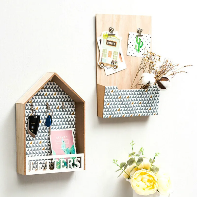 

Nordic Wooden Wall House Shape Key Box Storage Rack Letter Board Hanging Hooks Baby Room Message Boards Shelves Home Decoration