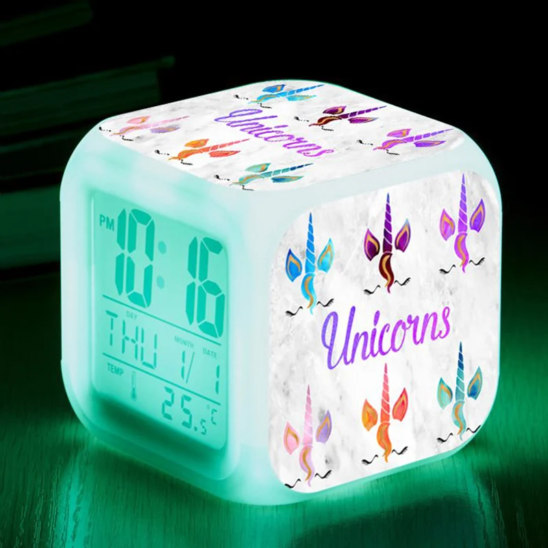  Cartoon Unicorn Alarm Clock Led Digital Alarm Clocks Child Kids Desk Clock 7 Color Changing Night L