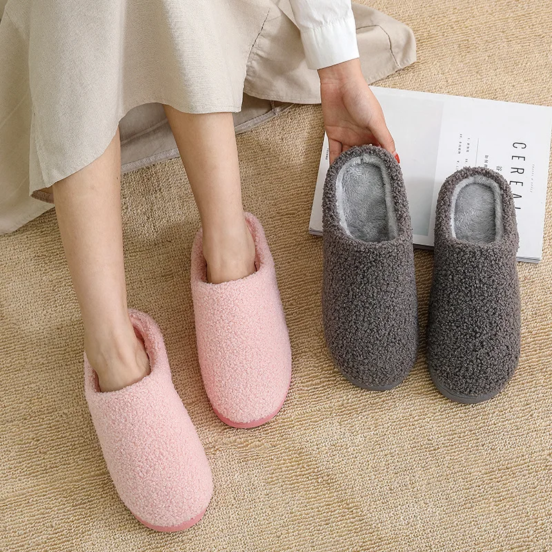 

2019 Autumn/Winter Warm Women Slippers Solid Color Plush Indoor Cotton Slippers Woman Soft Bottom Non-slip Couple Home Slippers