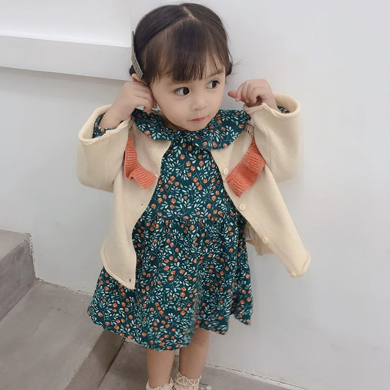 Одежда для маленьких девочек, осенне-зимние свитера, пальто, топы с круглым вырезом, детский топ, кардиган, Детский костюм