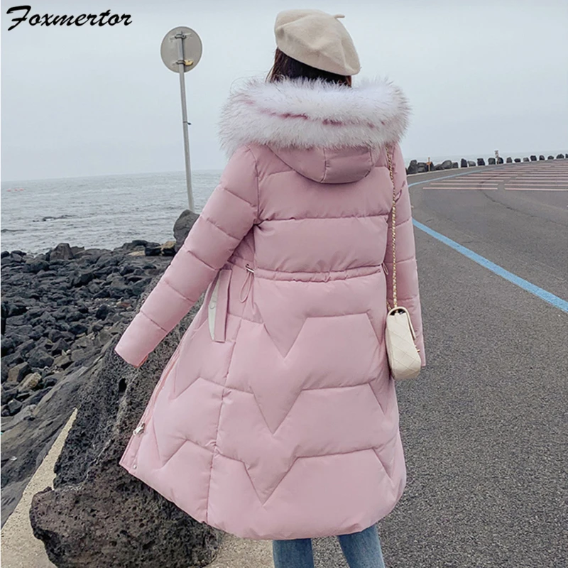 Foxmertor, женское длинное хлопковое пальто, модное, одноцветное, на молнии, с капюшоном, с меховым воротником, повседневное, с длинными рукавами, хлопок, утолщенный пуховик