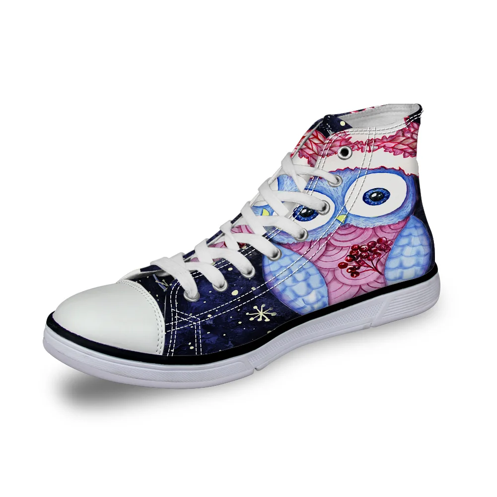 

WHEREISART Women Canvas Shoes Merry Christmas Cartoon Owl High Top Flats Unisex Vulcanized Shoes Female Casual Shoes Sneakers