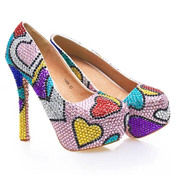 

Pumps Women Wedding Crystal Shoes Patchwork Hearts Bridal High Heels Colorful Evening Party Shoes Sexy Ladies Pumps Plus Size 43