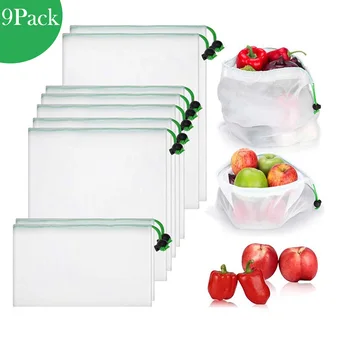 

9 Pack Reusable Mesh Produce Grocery Bags Eco-friendly See Through Washable Mesh Bags For Fruits Vegetables &Toys Shopping Bag