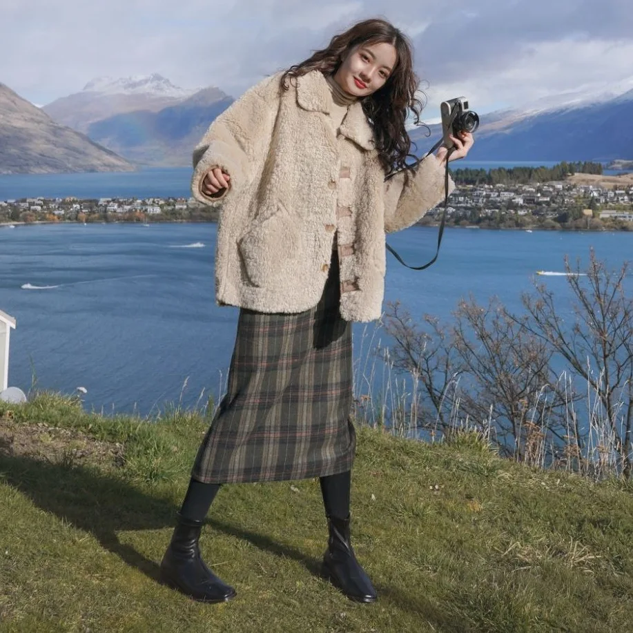 

Photo Shoot INS Retro Classic Plaid Mid-length by Age Versatile Side Slit A- line Woolen Skirt Women's Autumn And Winter