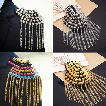 

2pcs Rivet Epaulette Brooch Gold Silver Tassel Epaulet Shoulder Handmade Clothing Suit Decoration Fringed Shoulder Brooch