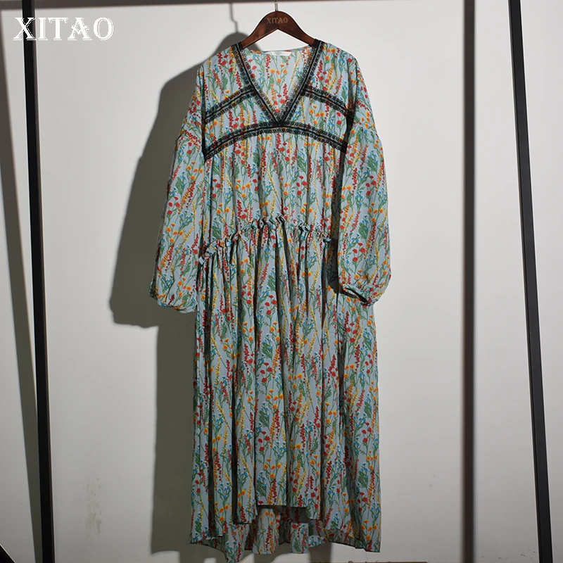 

XITAO Pleated Striped Midi Dress Women Patchwork 2019 Autumn V Neck Elegant Style Irregular Lantern Sleeve Casual Dress LJT1393