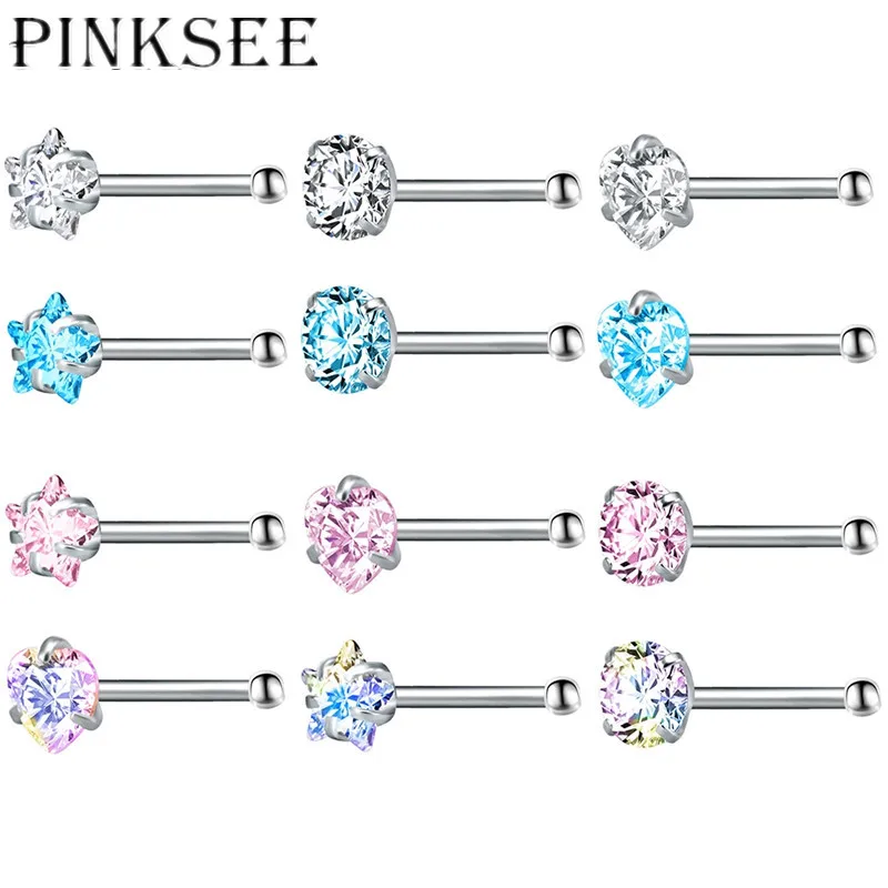 Pinksee 3 шт./компл. простой трендовый горный хрусталь сердце круг звезда форма нос для пирсинга, из нержавеющей стали пирсинг уха очаровательные ювелирные изделия для тела