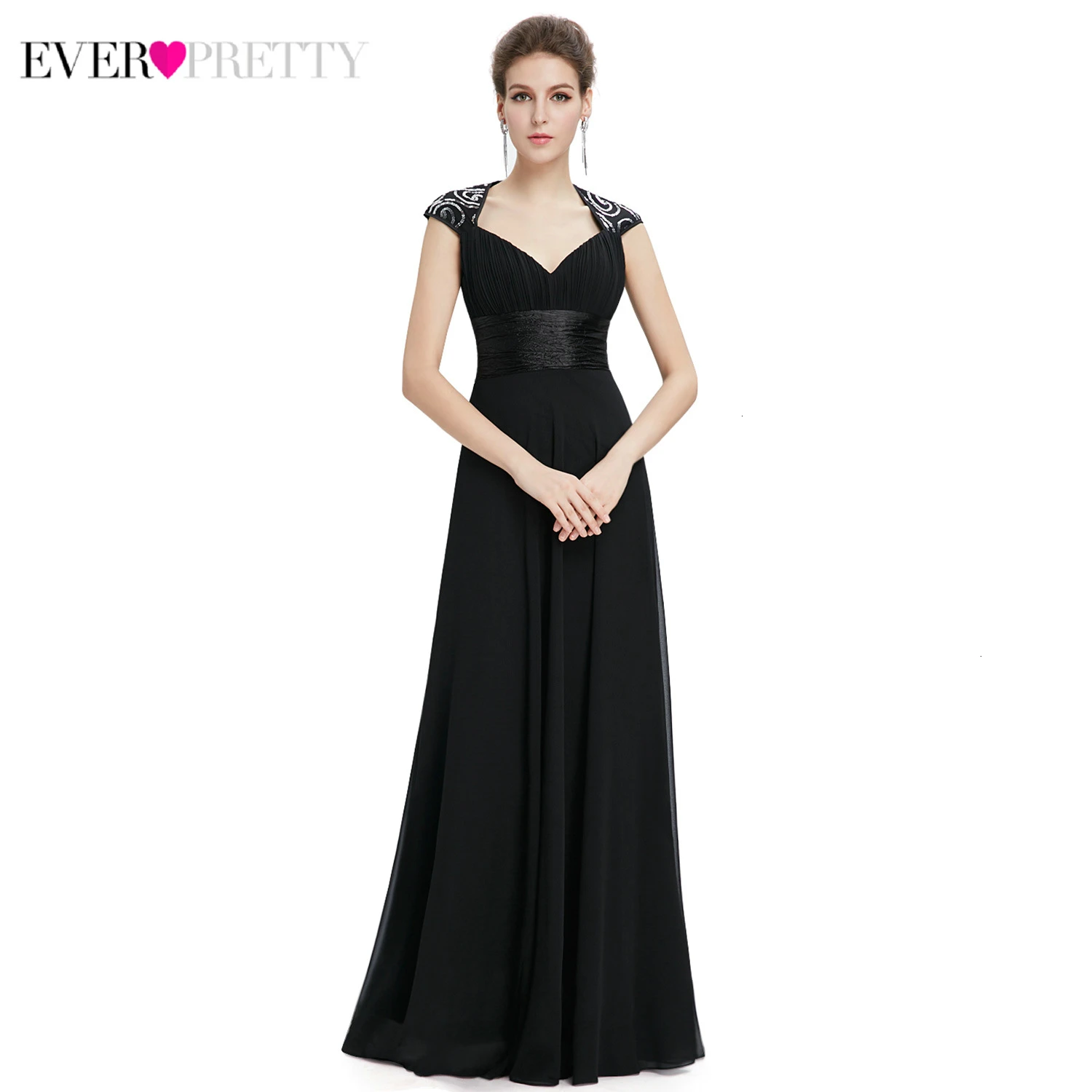Элегантные Выпускные платья Ever Pretty A-Line v-образным вырезом без рукавов Ruched простое вечернее шифоновое платье платья Vestido Largo Fiesta - Цвет: Black