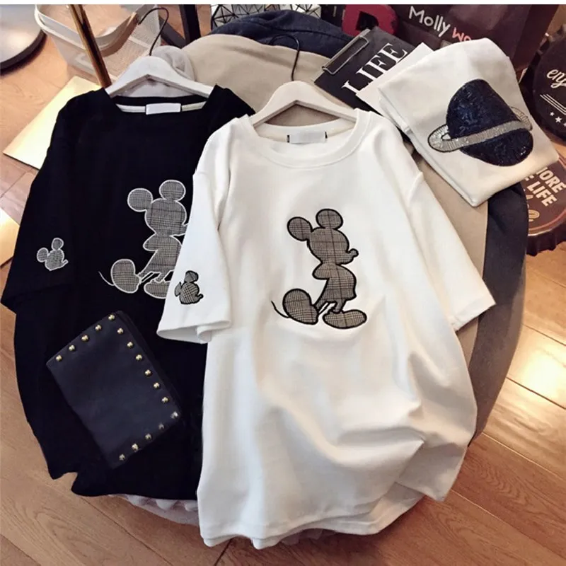 Disney Women T-shirts Mickey Mouse Black Tops Summer Embroidery Korean Style Lady T-shirt Fashion Tees Female Clothes Hot Tshirt