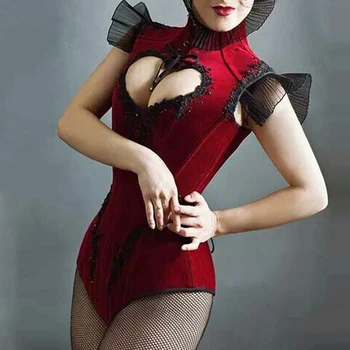 

Vintage Women Gothic Punk Short Sleeve Lace Sexy Tight Body Lace-Up Jumpsuit Medieval Red Bodysuit