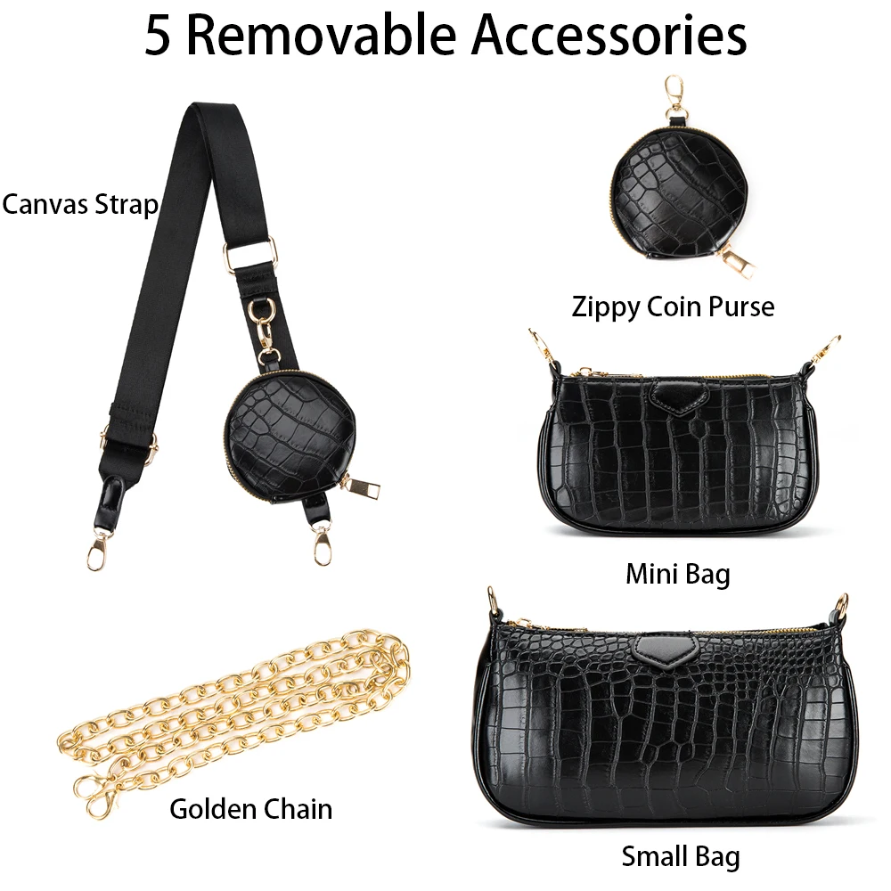 Crocodile Pattern Women's Shoulder Bag Designer 3 Pcs/Set Chain Crossbody Messenger Bags Lady Alligator Wide Strap Handbags