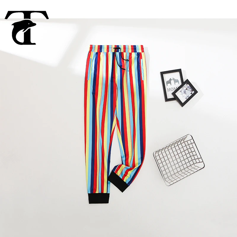 

Streetwear Men Fashion Pants Brand High Quality Rainbow Color Trouser Travel Joggers Seaside Casual Striped Printing Sweatpant