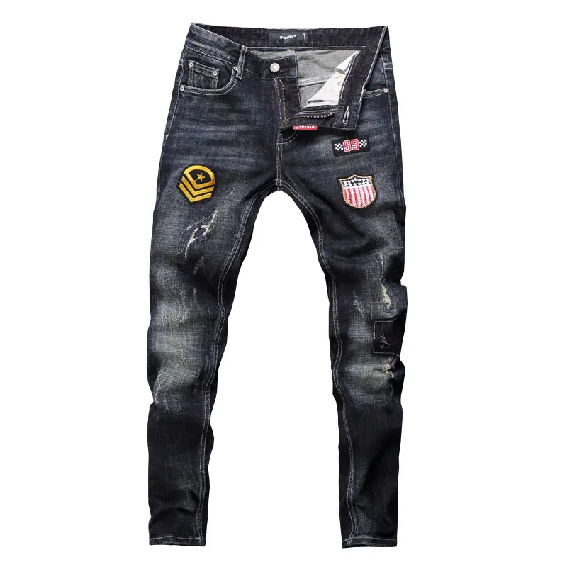 Аппликации стиль дизайнерские мужские джинсы мода уличная синий цвет Slim Fit пуговицы классические джинсы мужские брюки