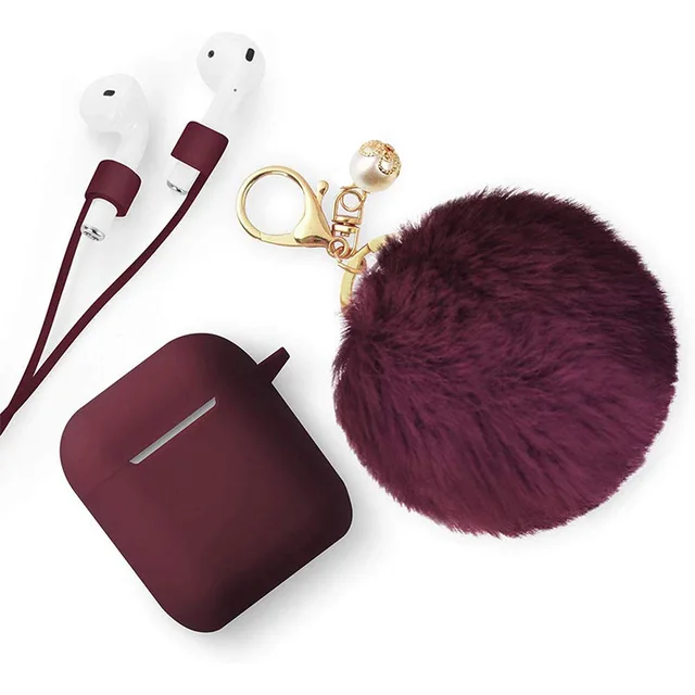 Protective Case multi colors with lost-proof and Keychain hooks lovely hair ball Silicone Bluetooth Earphone For airpods 1 2 1 2dark red