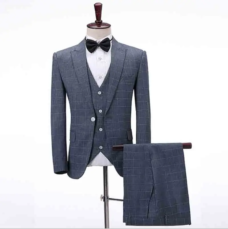 3 pcs set Мужской костюм, Свадебный мужской костюм, на одной пуговице, с отворотом, серый, в клетку, блейзеры, приталенный мужской костюм, деловой, вечерний костюм для мужчин размера плюс, 2XL - Цвет: 3 pcs set