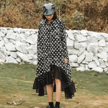

Korea can ship 2020 spring fashion new dot printting Shirt dresses Woman Irregular patchwork ruffles hem chiffon clothes YH990