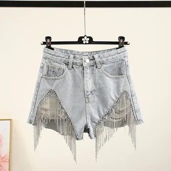 

2020 New Spring Summer Diamond Tassels Beads with Holes Denim Shorts Women High-waist Loose-Fit A-line Shorts Jeans Short Pants