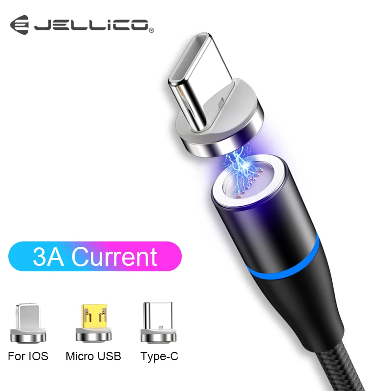 Jellico 3A Быстрая зарядка Магнитный USB кабель Тип C микро LED Нейлон Плетеный Type