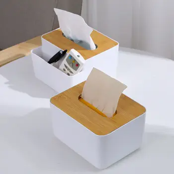 

Multifunctional Bamboo Cover Tissue Box Creative Desktop Pumping Box Household Living Room Simple Plastic Napkin Storage Box
