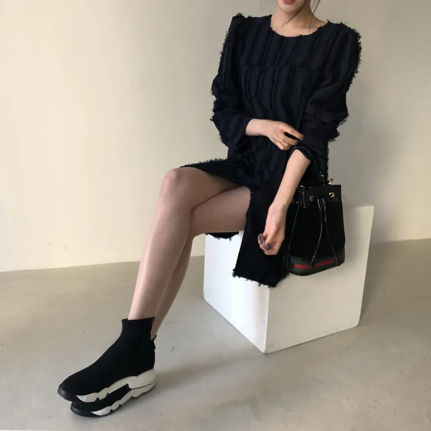 SuperAen, корейский стиль, женское платье, одноцветное, длинный рукав, осень, новинка, женское платье с круглым воротником, женская одежда