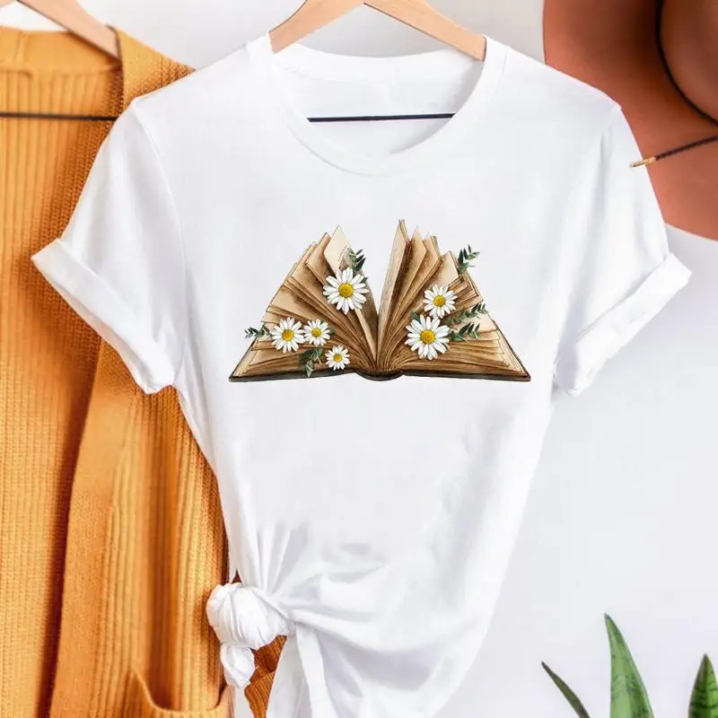 Book Vintage Flower Print T-shirts Fashion Women Cartoon