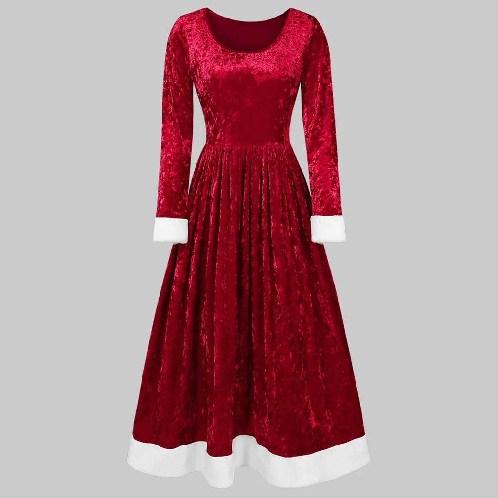 Merry Christmas бархатное Макси платье осеннее Ретро женское с длинным рукавом красное с круглым вырезом элегантные вечерние праздничные женские платья# LR3