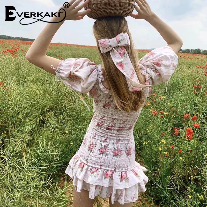 Everkaki мини платье женское Бохо цветочный принт оборки эластичные Vestidos Элегантные женские шикарные короткие платья женские Осень новинка
