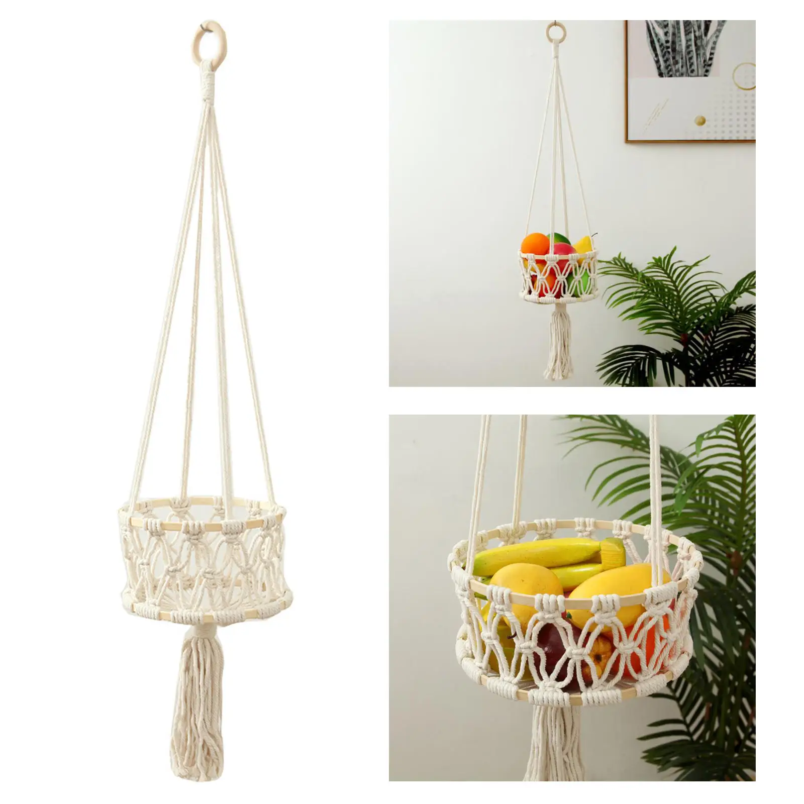 Space Saving Macrame Hanging Basket Decorative Plant Hanger for Indoor Fruit and Vegetable Storage 