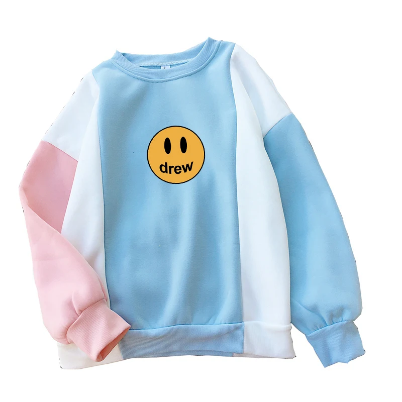 Джастин Бибер, Drew Smil, принт лица, толстовки, Толстовка Kanye West, женские, Harajuku Kawaii, цветные блоки, пэчворк, o-образный вырез, флисовые Топы